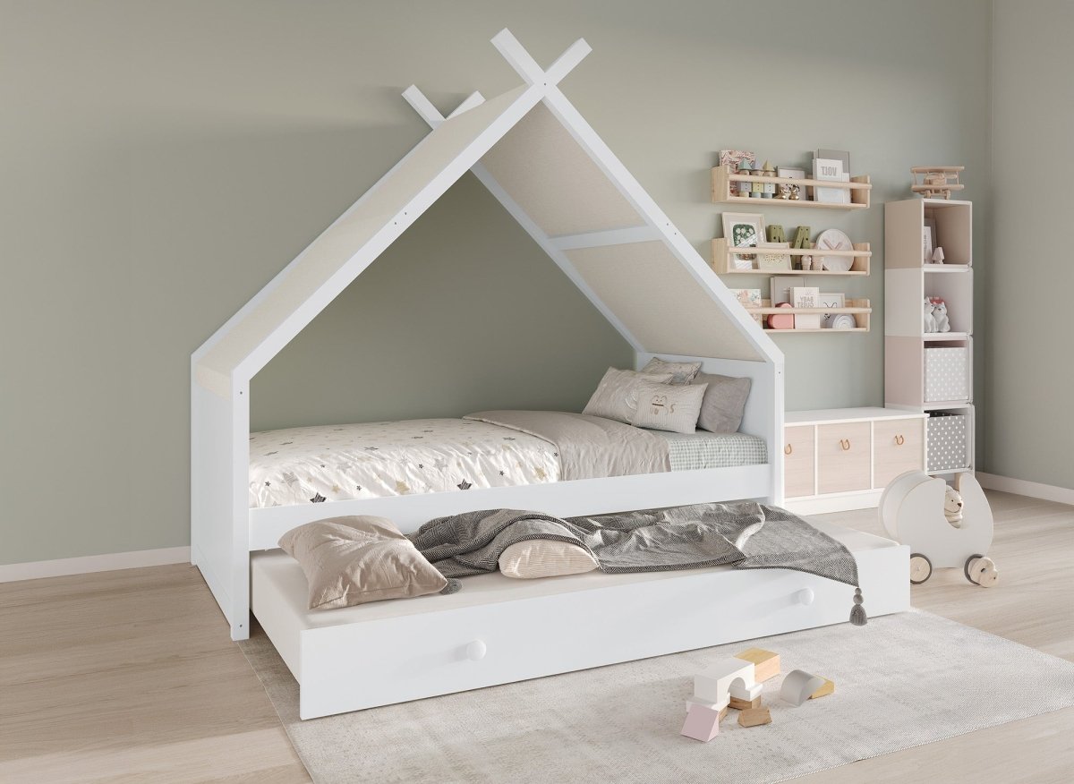 Lit gigogne cabane en bois blanc 90 x 190 cm LIMEO - DécoInParis