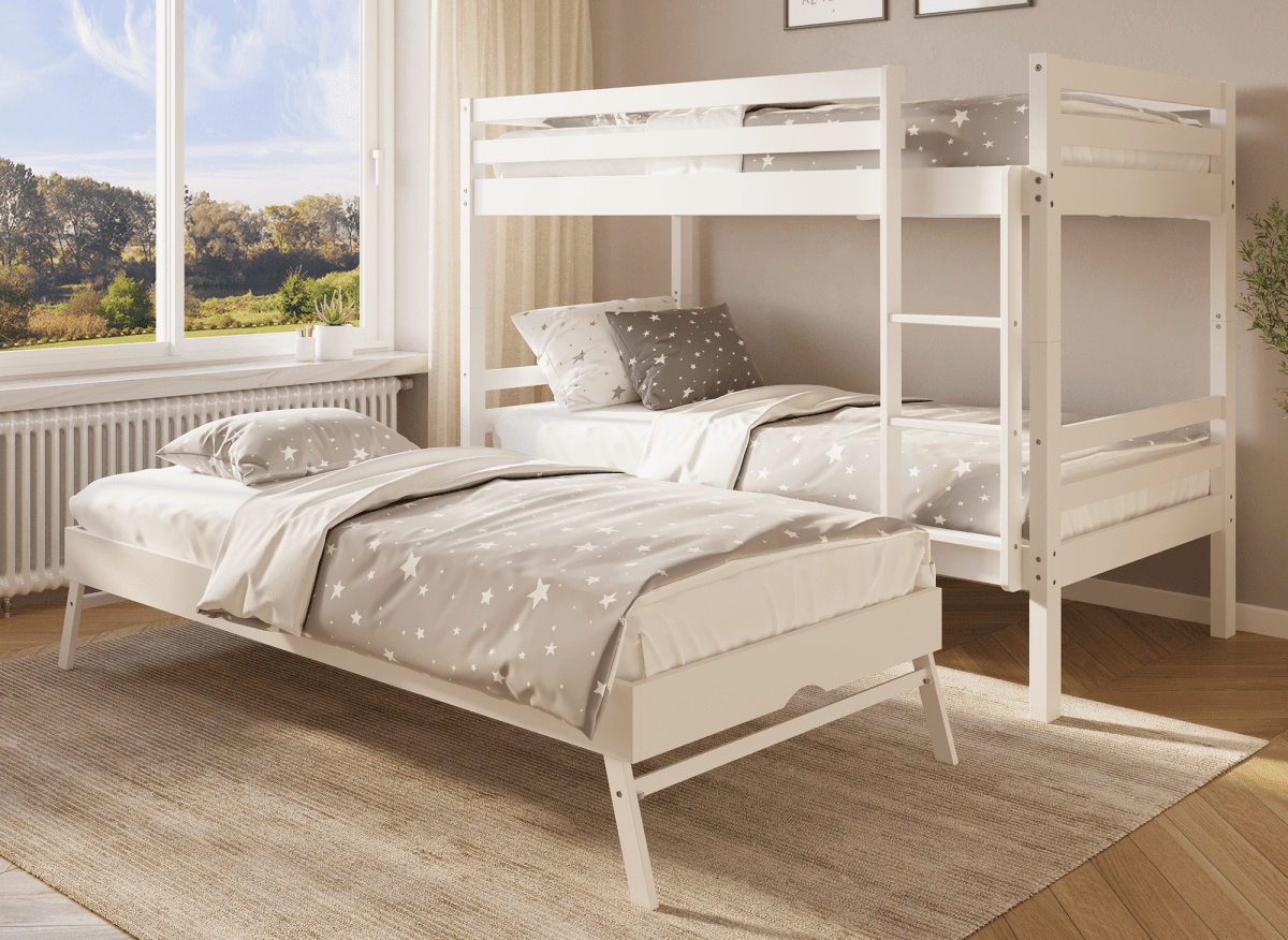 Lit superposé gigogne 3 couchages en bois blanc LEOPAUL 90 x 190 cm - DécoInParis