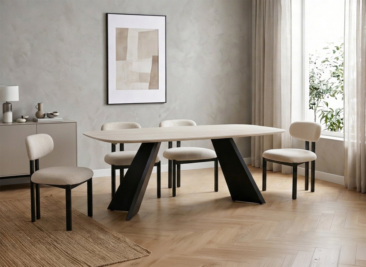 Lot de 2 chaises en tissu texturé écru pieds en métal noir LEONA - DécoInParis