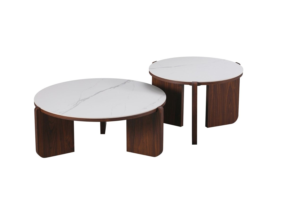 Lot de 2 tables basses céramique beige pieds noyer ANNIE - DécoInParis