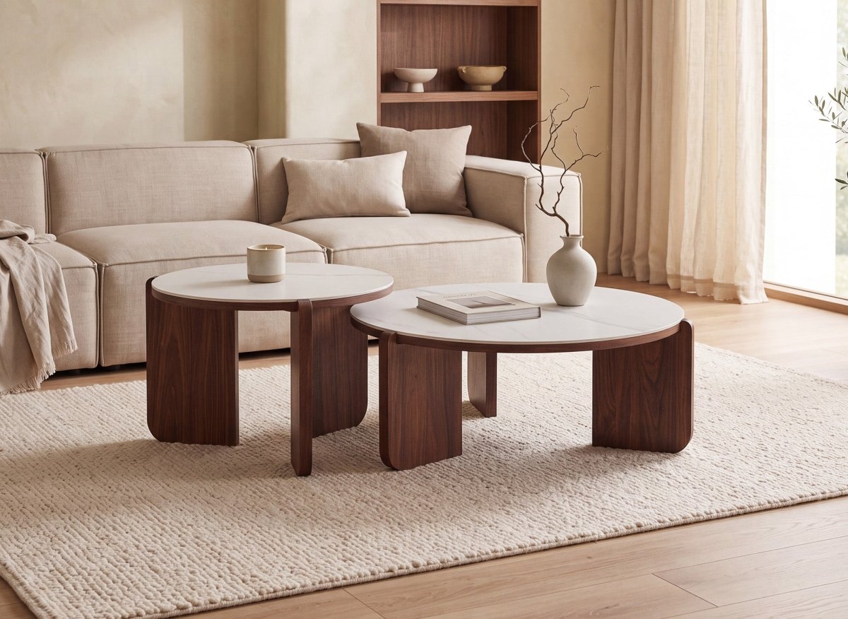 Lot de 2 tables basses céramique beige pieds noyer ANNIE - DécoInParis