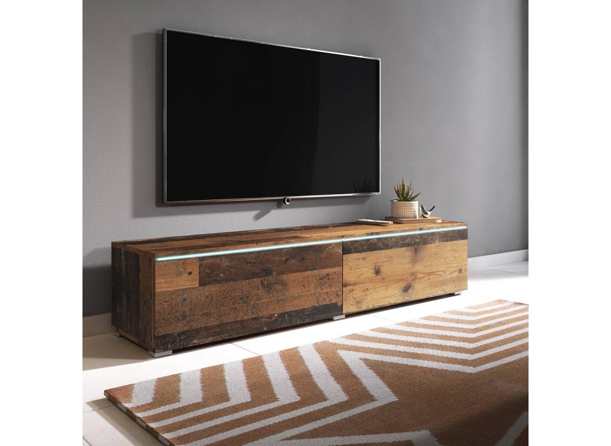 Meuble TV contemporain anthracite et chêne vieilli foncé avec LED 2 portes MALORIE - 180 cm - DécoInParis