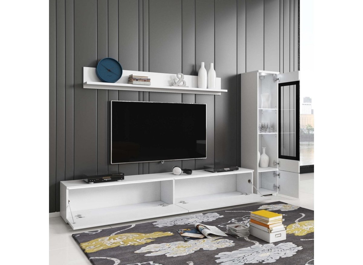 Meuble TV contemporain blanc laqué avec LED - VERONICA - DécoInParis