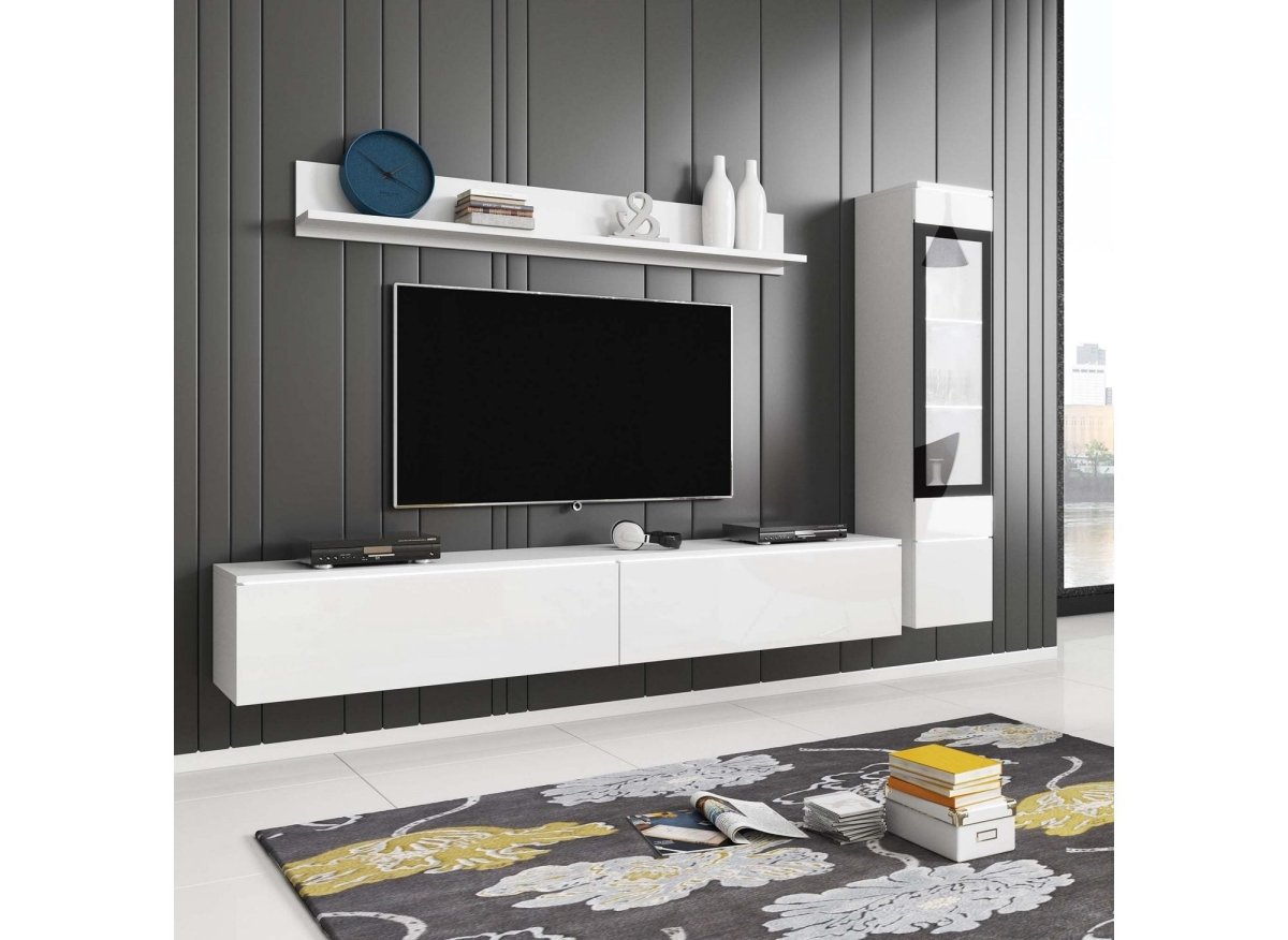 Meuble TV contemporain blanc laqué avec LED - VERONICA - DécoInParis