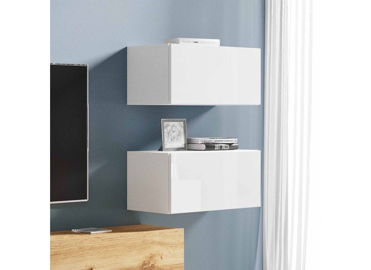 Meuble TV contemporain chêne et blanc laqué avec LED - AMANDA - DécoInParis