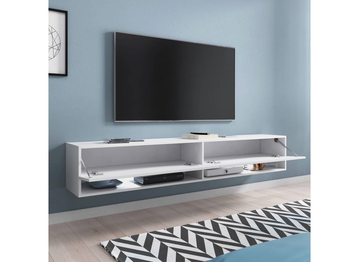 Meuble TV suspendu 2 portes 2 niches blanc ROMANE XXL - 180 cm - DécoInParis