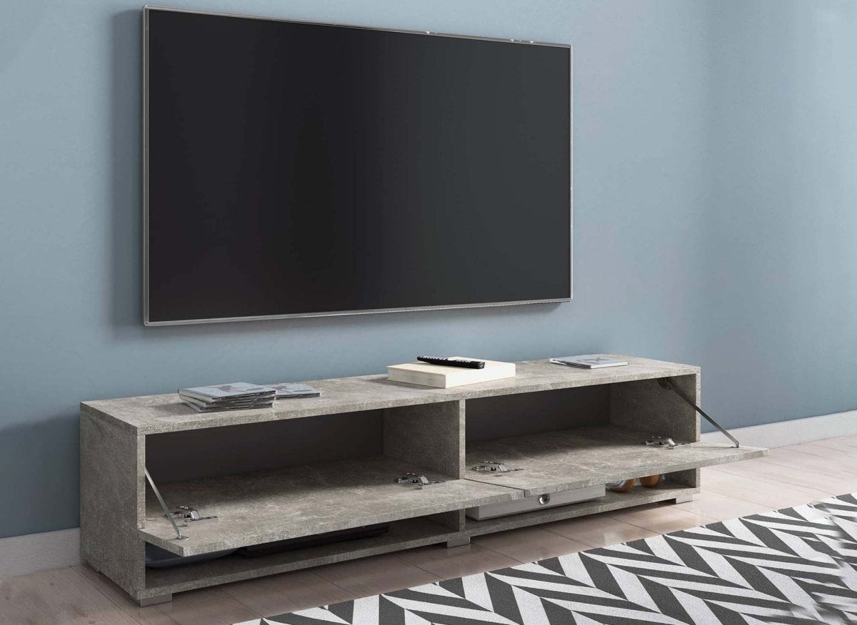 Meuble TV suspendu 2 portes 2 niches gris béton ROMANE XL - 140 cm - DécoInParis