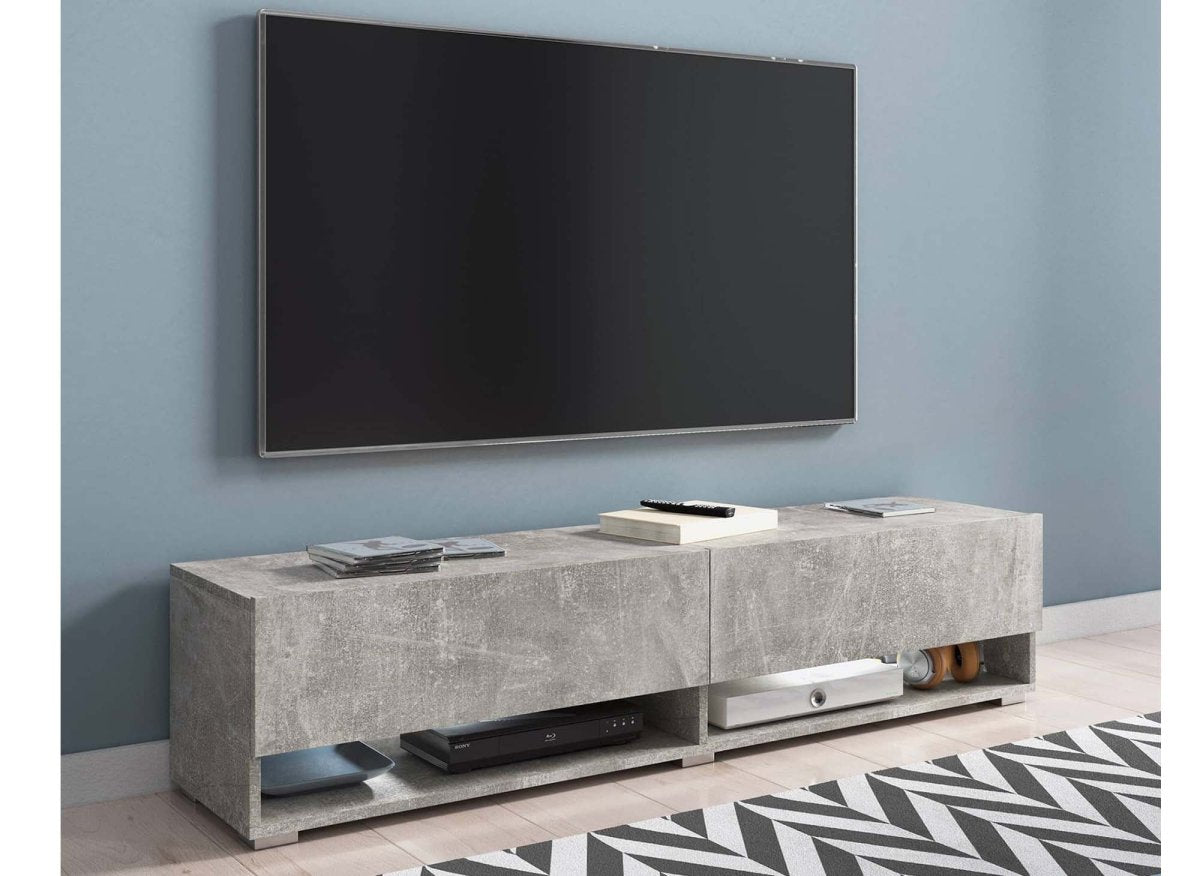 Meuble TV suspendu 2 portes 2 niches gris béton ROMANE XL - 140 cm - DécoInParis