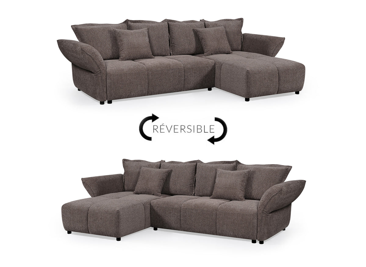 Divano ad angolo trasformabile reversibile in velluto intrecciato marrone BELINE