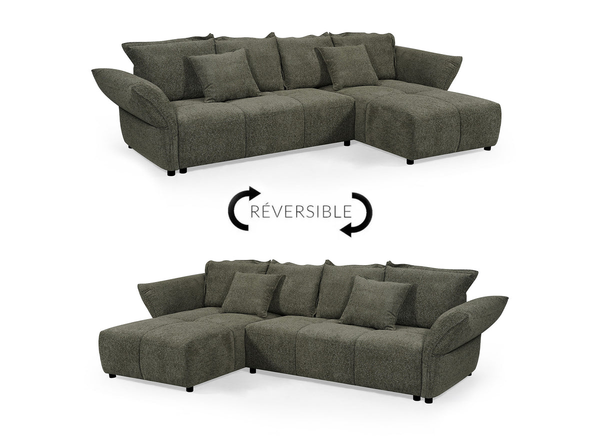 Divano angolare reversibile trasformabile in velluto intrecciato verde oliva BELINE