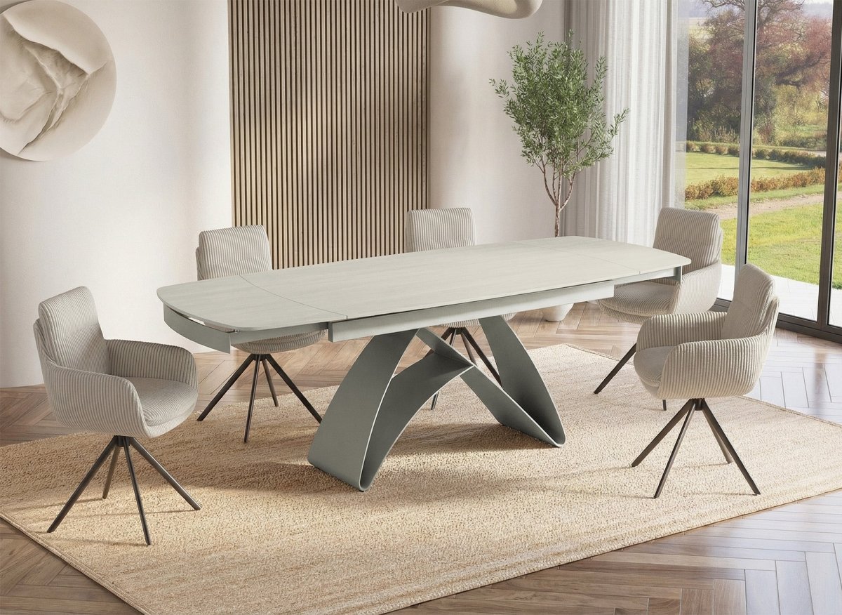 Table à manger extensible en métal beige plateau céramique blanc PARIS - DécoInParis