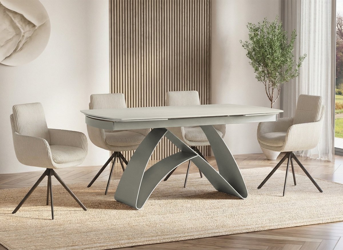 Table à manger extensible en métal beige plateau céramique blanc PARIS - DécoInParis