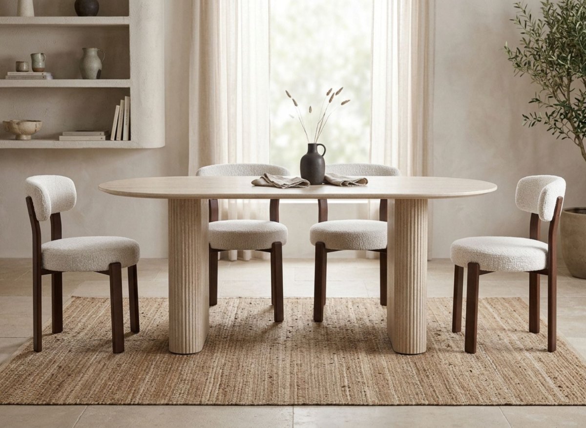 Table à manger ovale en marbre composite beige 6 personnes ELMA - DécoInParis