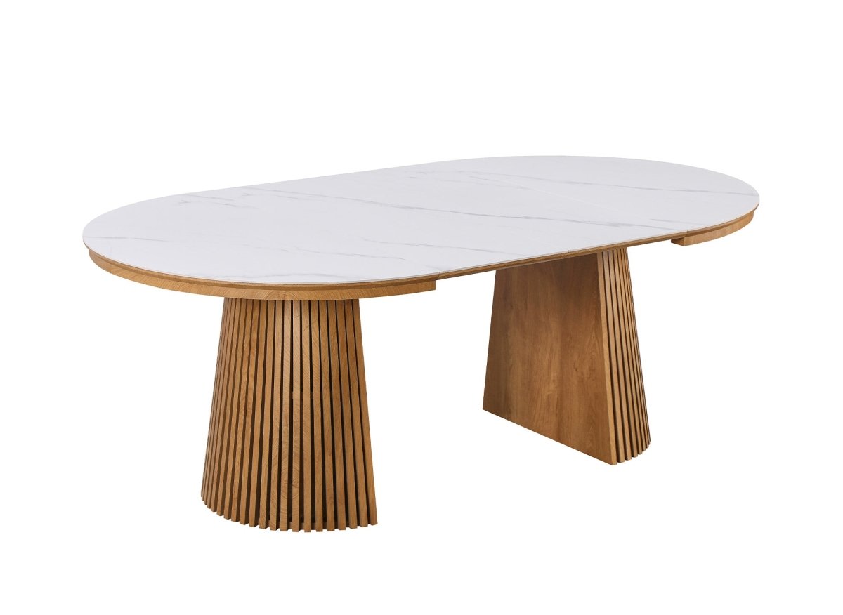 Table à manger ronde extensible en bois clair avec plateau en céramique blanc HEKA - DécoInParis