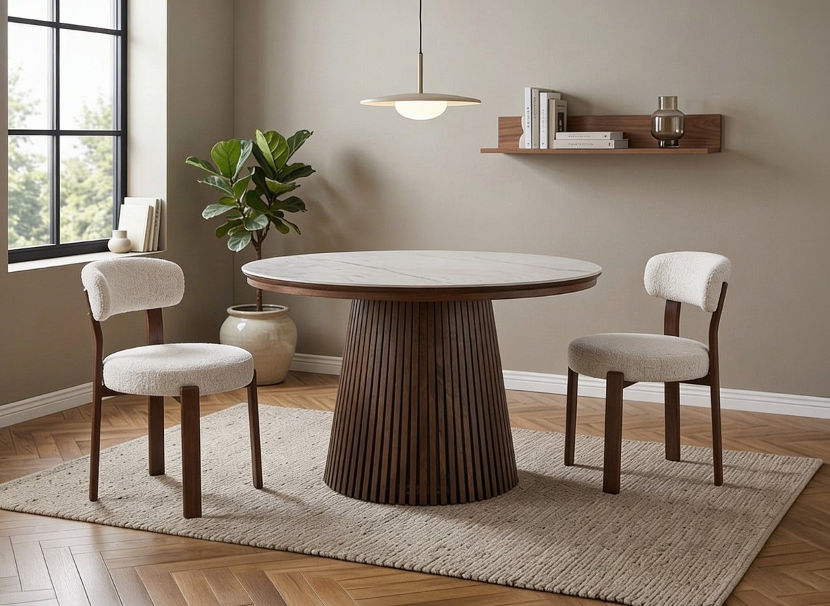 Table à manger ronde extensible en bois foncé avec plateau en céramique blanc HEKA - DécoInParis