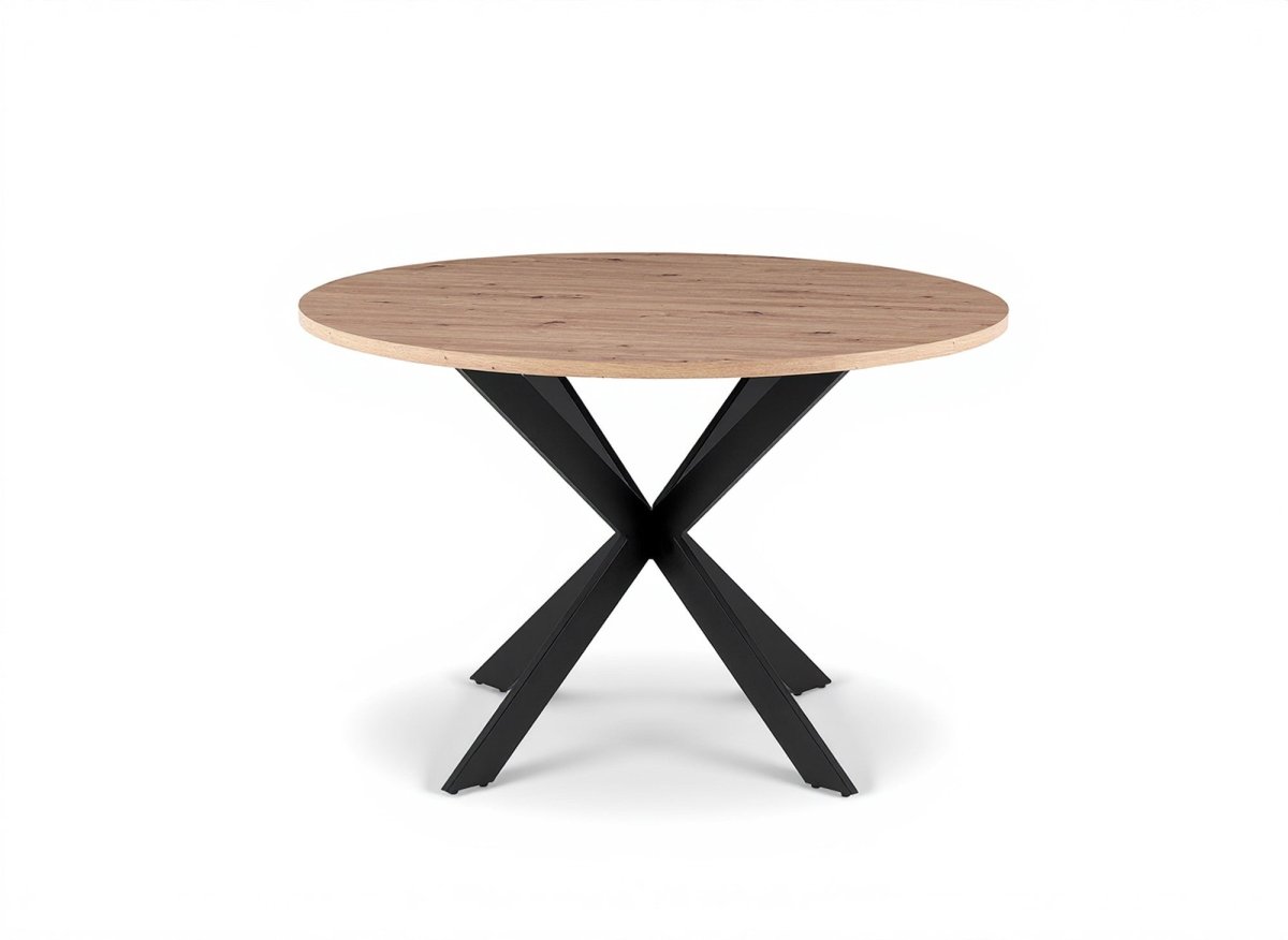 Table à manger ronde plateau effet bois pieds métal noir SINAYA - DécoInParis