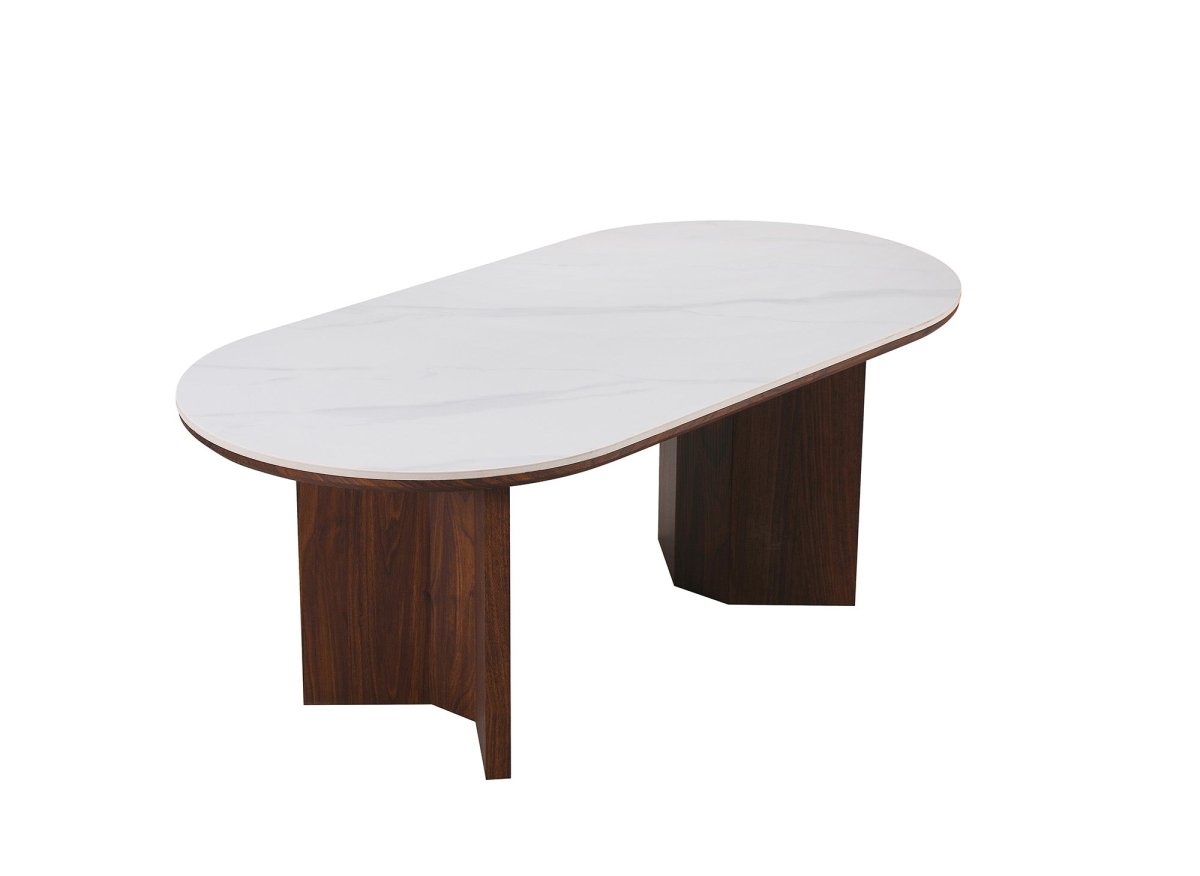 Table basse céramique beige pieds bois noyer AMANDINE - DécoInParis