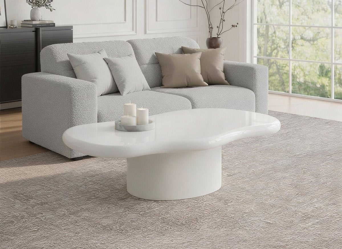 Table basse ovale en béton brossé blanc plateau asymétrique ZELINE - DécoInParis