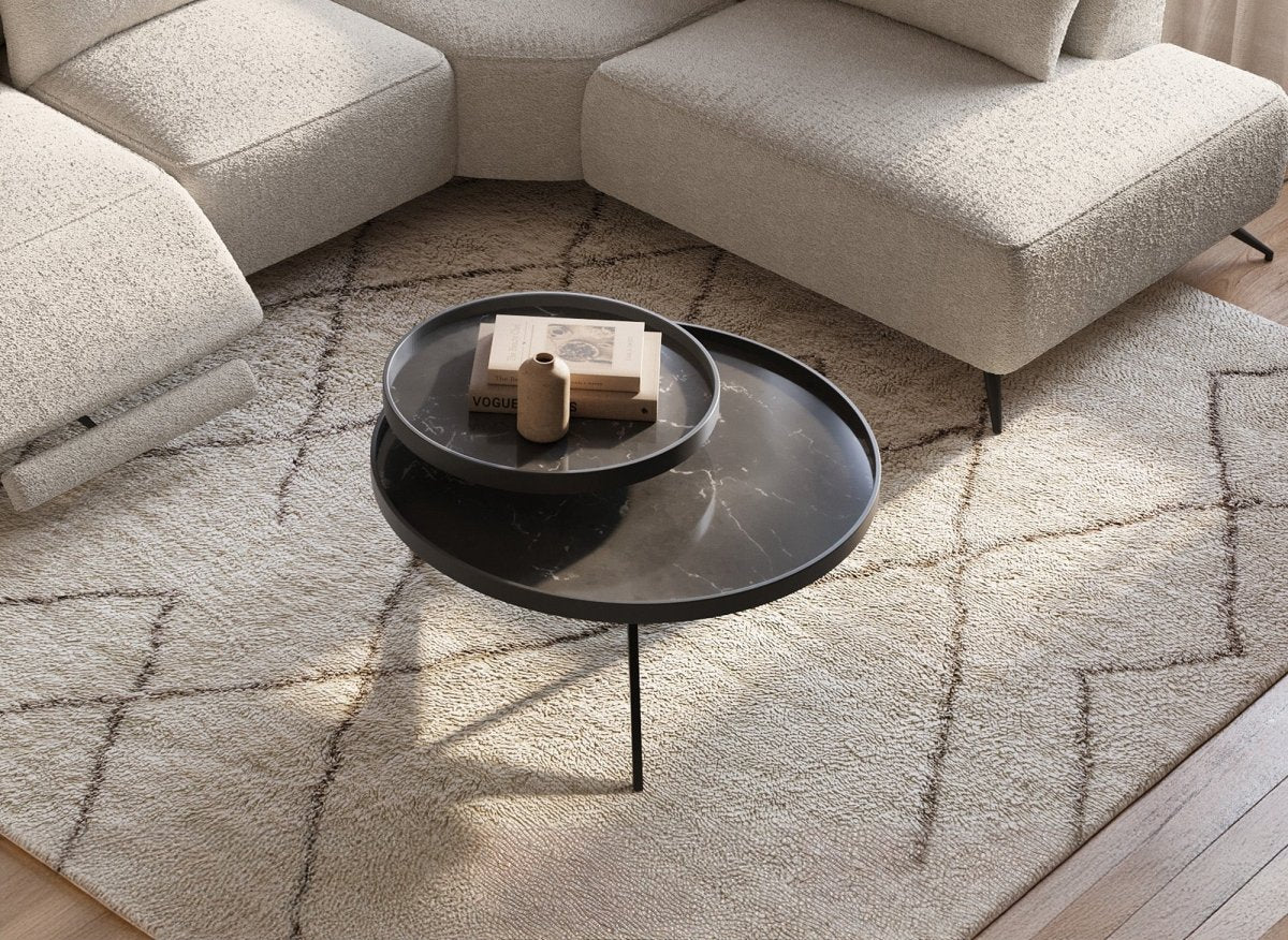 Table basse ronde 2 plateaux pivotants en céramique et métal noir MIRANY - DécoInParis