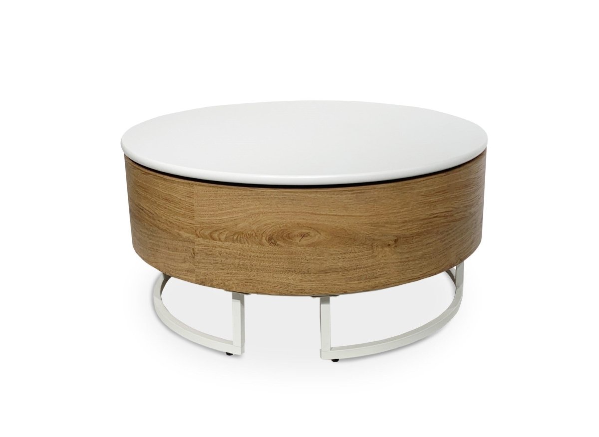 Table basse ronde avec plateau pivotant et rangement en bois et métal blanc BELYA - DécoInParis