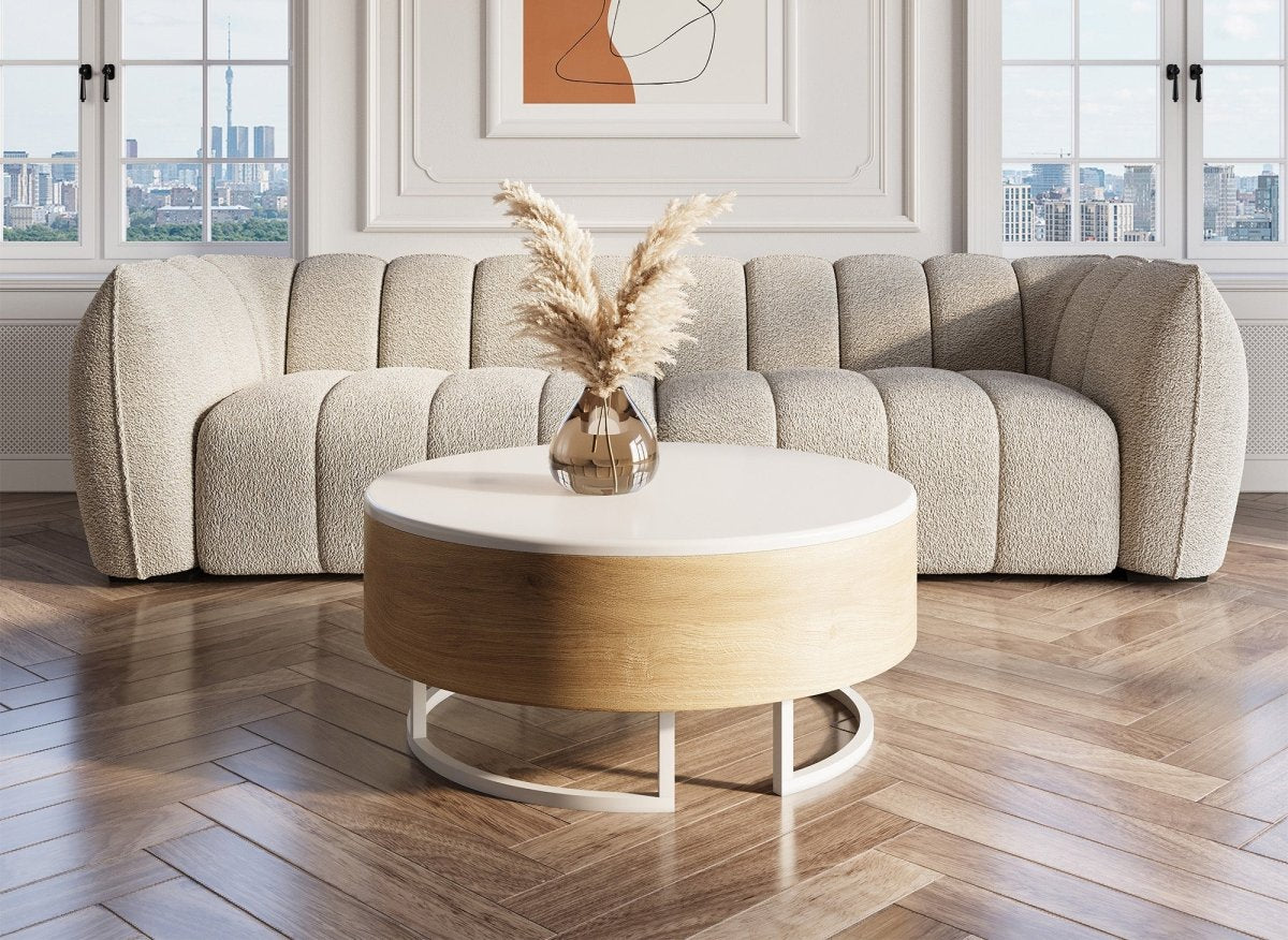 Table basse ronde avec plateau pivotant et rangement en bois et métal blanc BELYA - DécoInParis