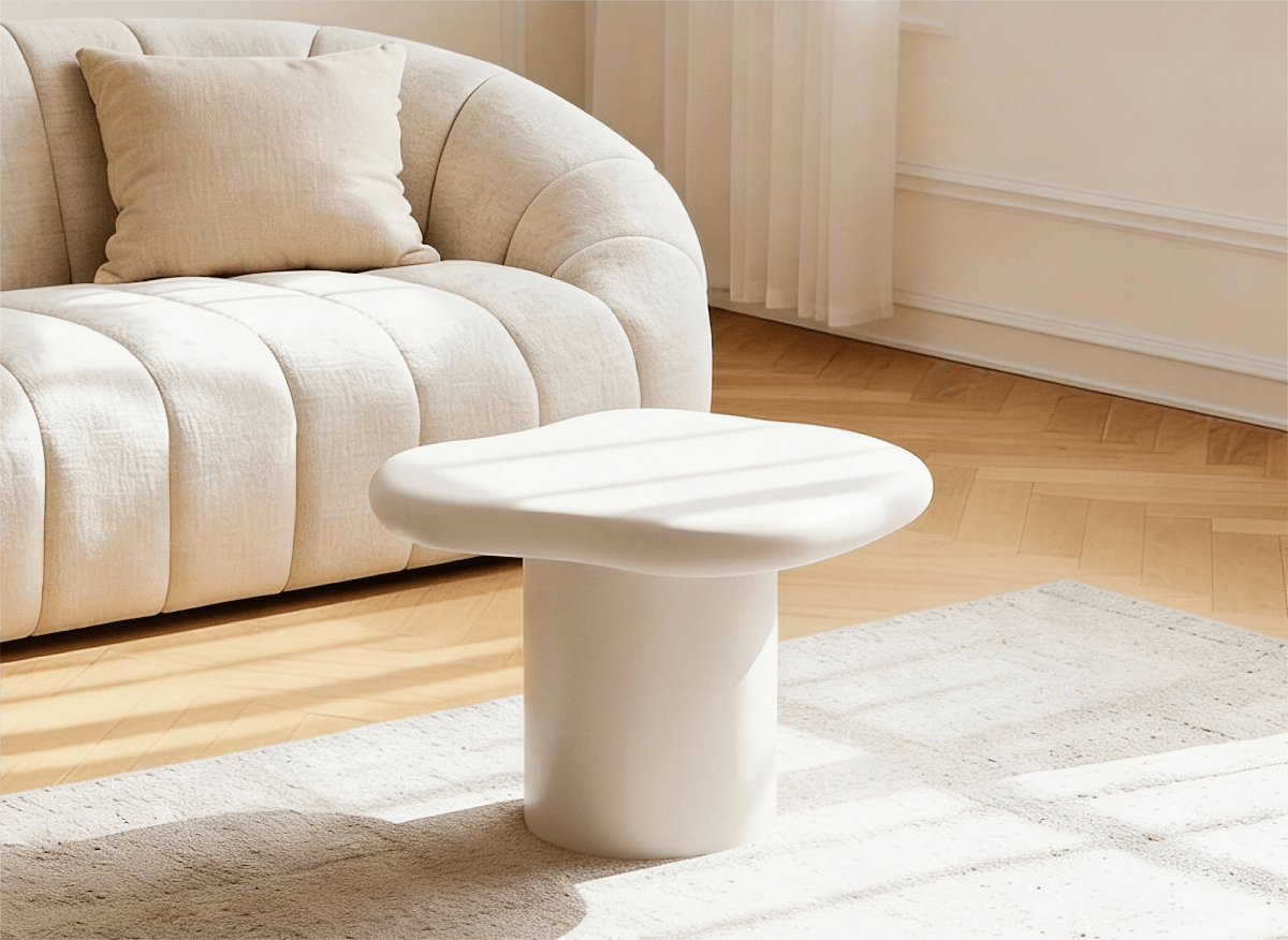 Table basse ronde en béton brossé blanc plateau asymétrique ZELINE - DécoInParis