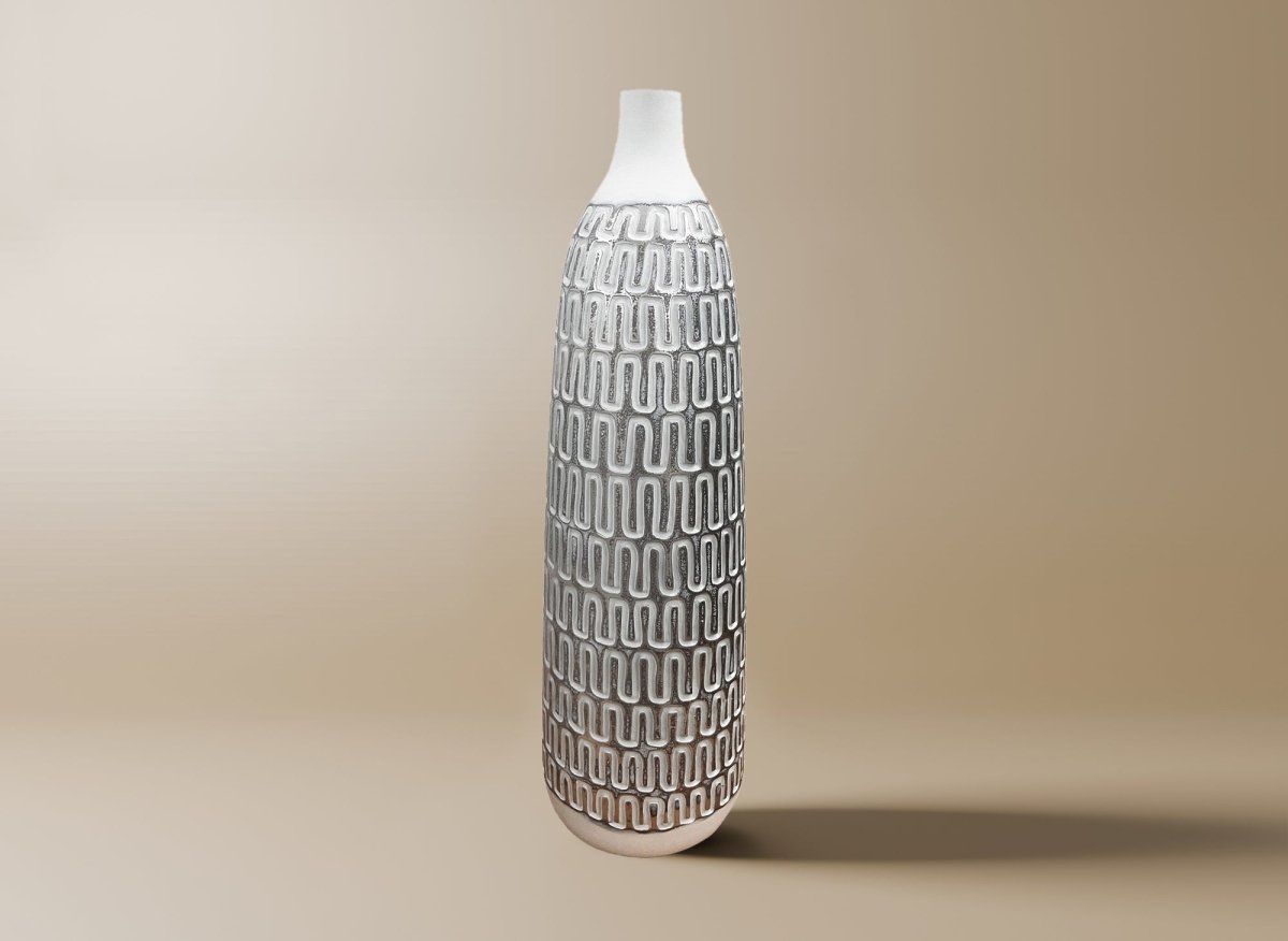 Vase XL en polyrésine blanc et argent H49 cm ALAIA - DécoInParis